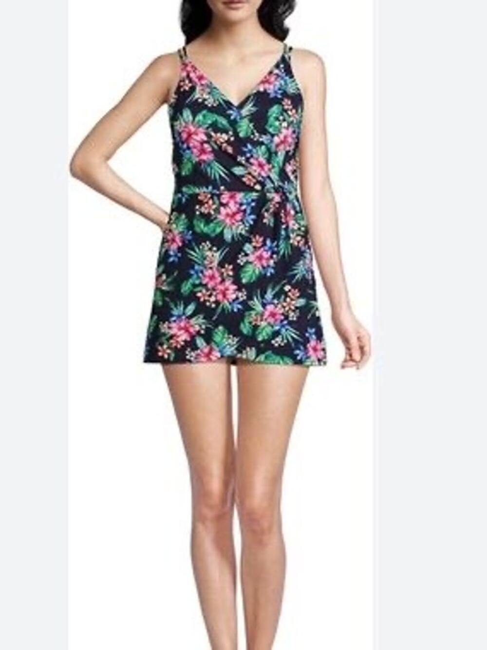 Lands' End Swim Dress Tummy Control Surplice Wrap One Piece Swimsuit Large 14-16